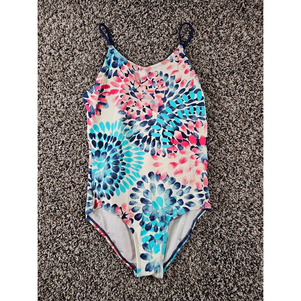 Okami Hawaii Girls Sz 14 One Piece Swimsuit Blue Pink Geometric Floral Print